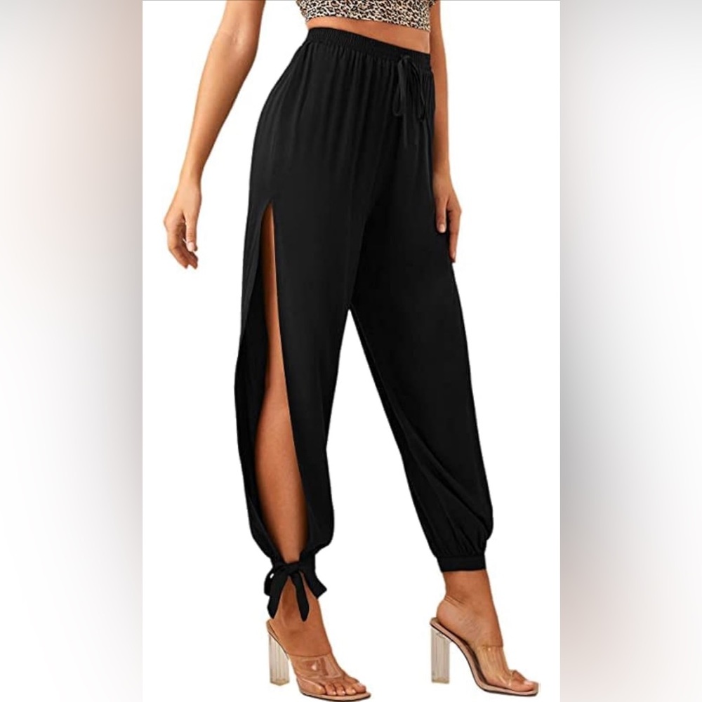 Women's Elastic High Waisted Split Side Knot Hem Pants - 3XL